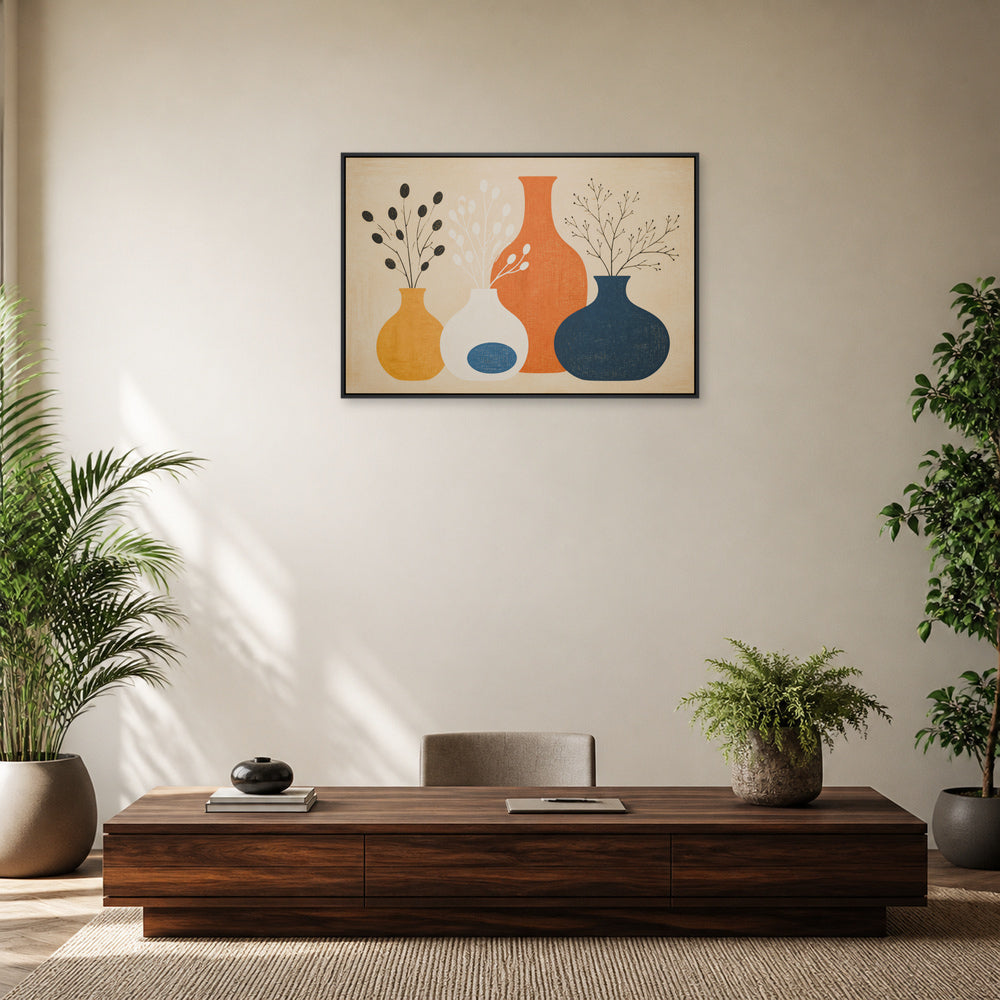 Mid Century Botanical Vases Floating Frame Wall Art - 02b_black_frame_wall_scene