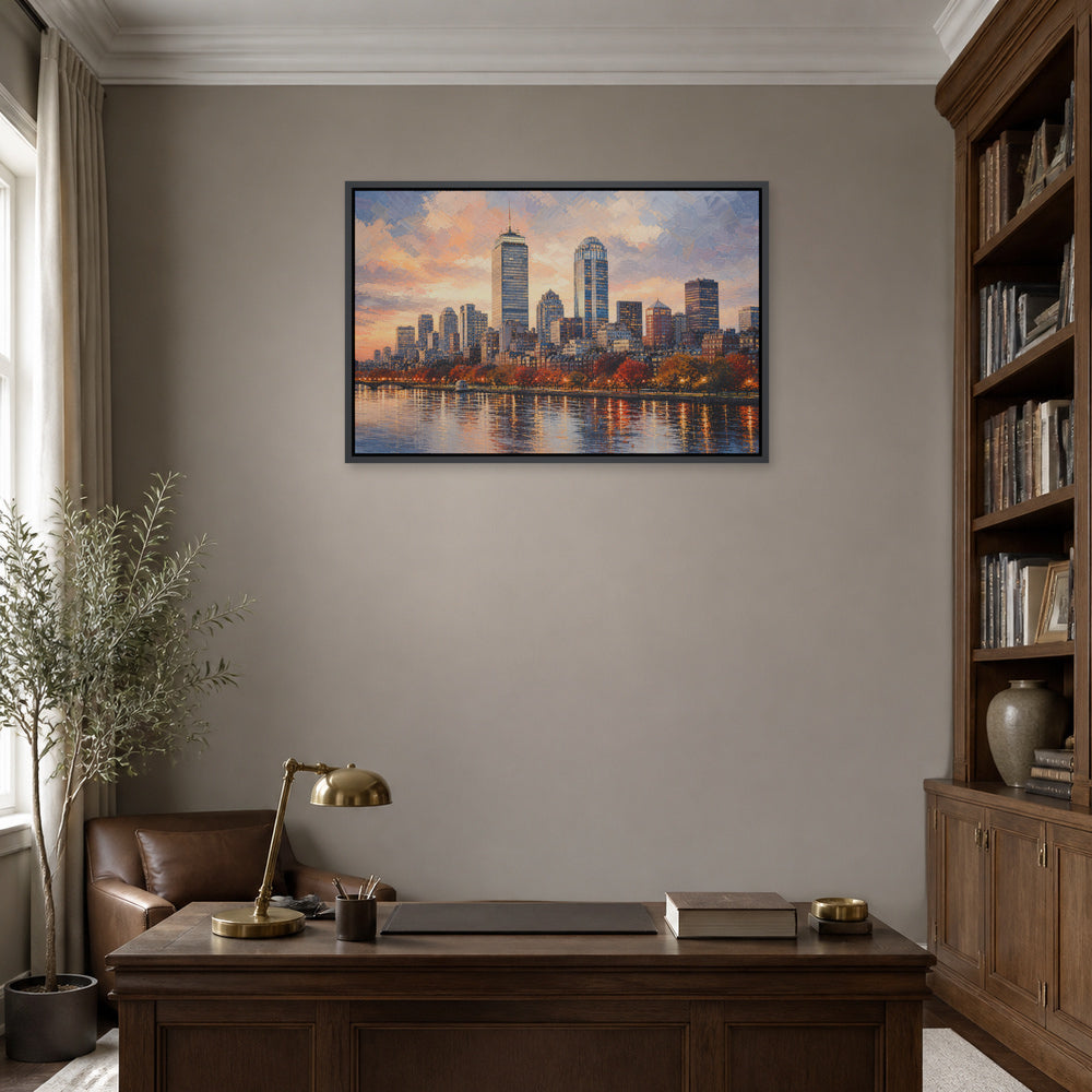 Boston Autumn Sunset Skyline Floating Frame Wall Art - 02b_black_frame_wall_scene