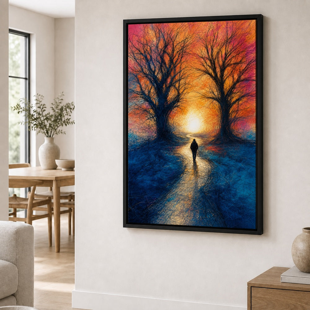 Scribble Path Through Trees Wall Art floating frame wall art - 02b_black_wall_scene_full
