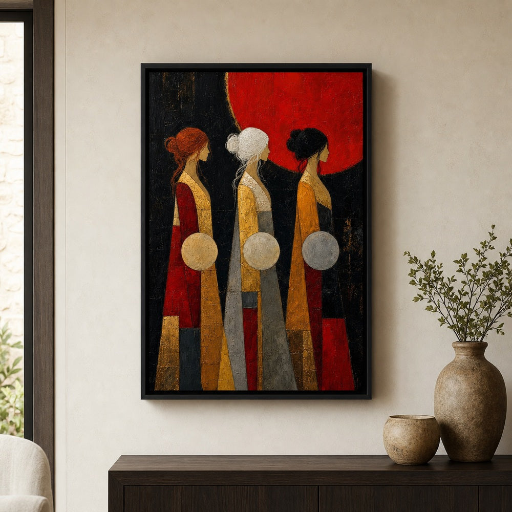 Three Women Red Sun Abstract Wall Art floating frame wall art - 02b_black_wall_scene_full