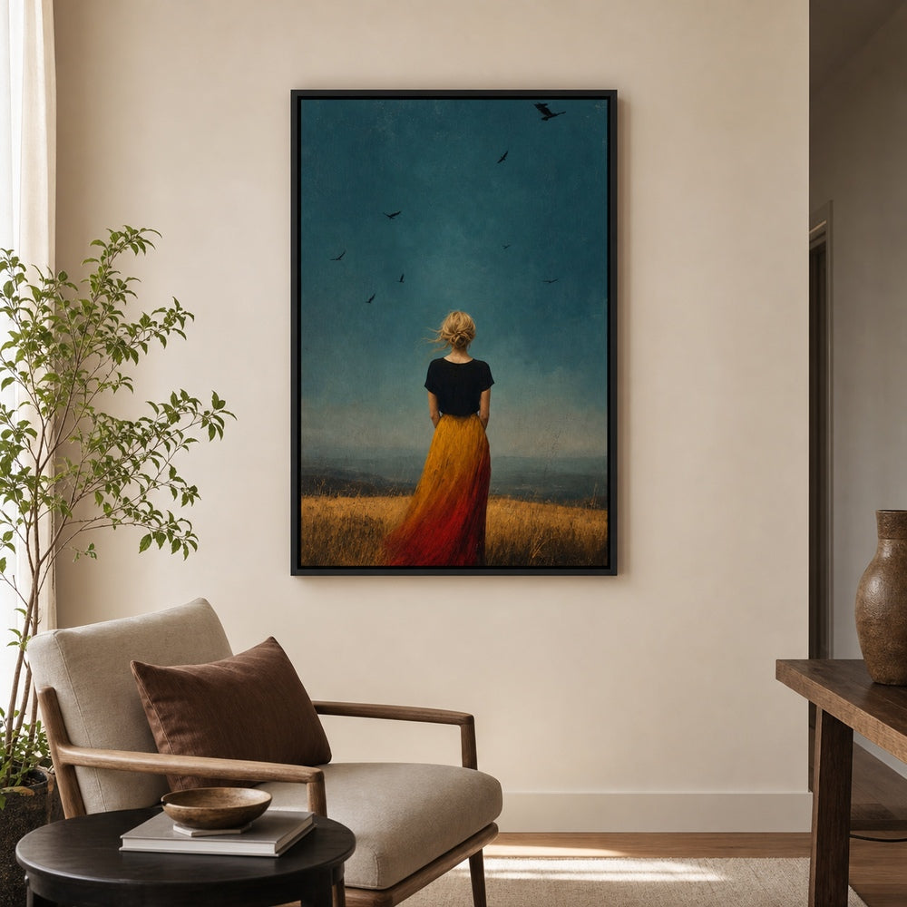 Blonde Woman Gold Grass Teal Sky Wall Art floating frame wall art - 02b_black_wall_scene_full