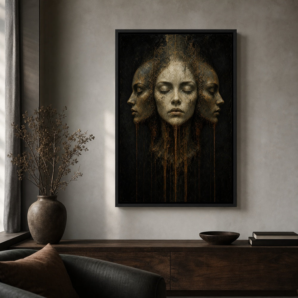 Three Faces Dark Surreal Oil Wall Art floating frame wall art - 02b_black_wall_scene_full