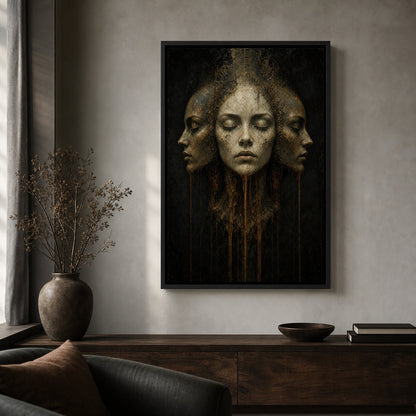 Three Faces Dark Surreal Oil Wall Art floating frame wall art - 02b_black_wall_scene_full