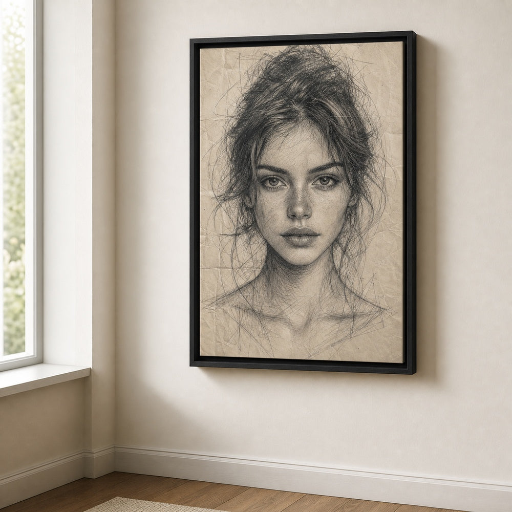 Pencil Front Female Portrait Wall Art floating frame wall art - 02b_black_wall_scene_full