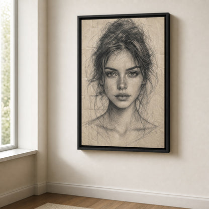 Pencil Front Female Portrait Wall Art floating frame wall art - 02b_black_wall_scene_full