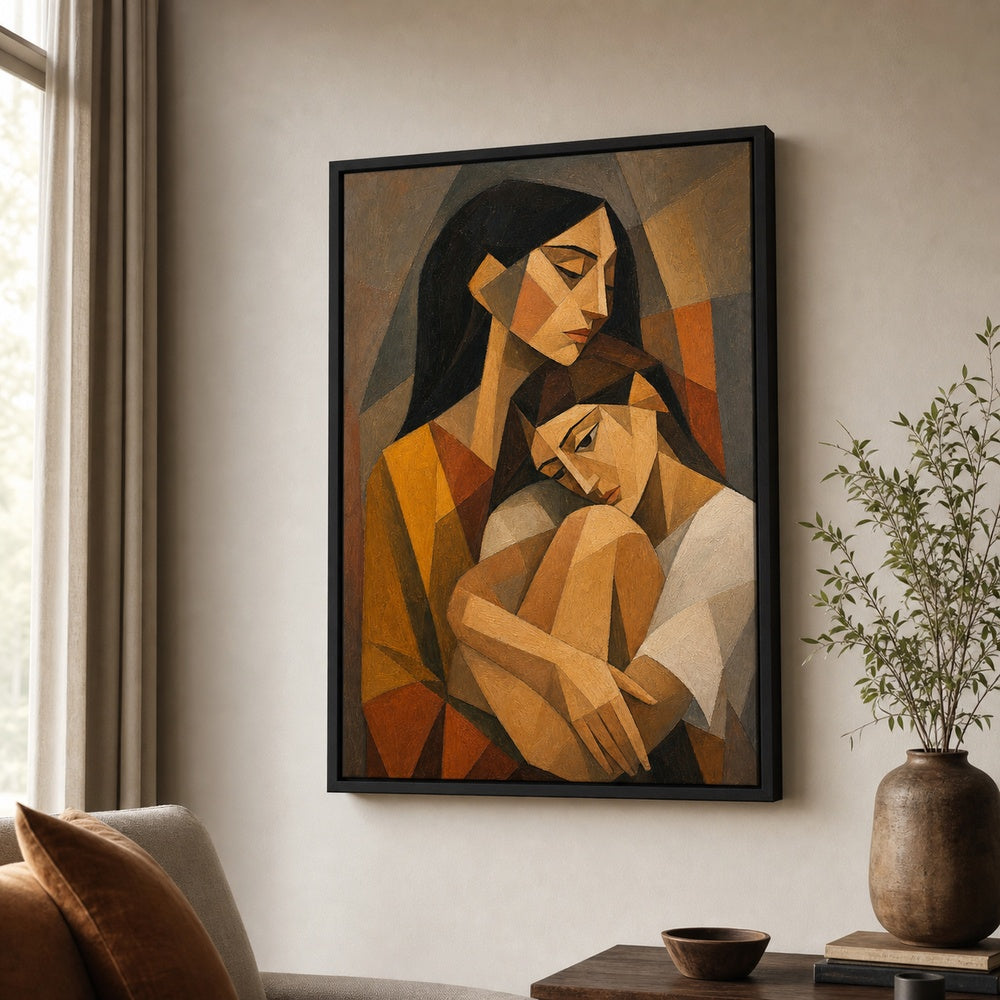 Cubist Two Women Embrace Earthtone Wall Art floating frame wall art - 02b_black_wall_scene_full