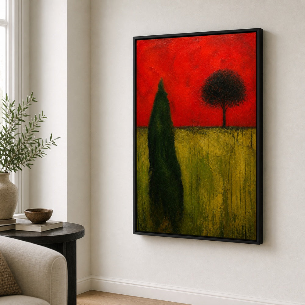 Green Organic Shape Red Sky Tree Expressionist Wall Art floating frame wall art - 02b_black_wall_scene_full