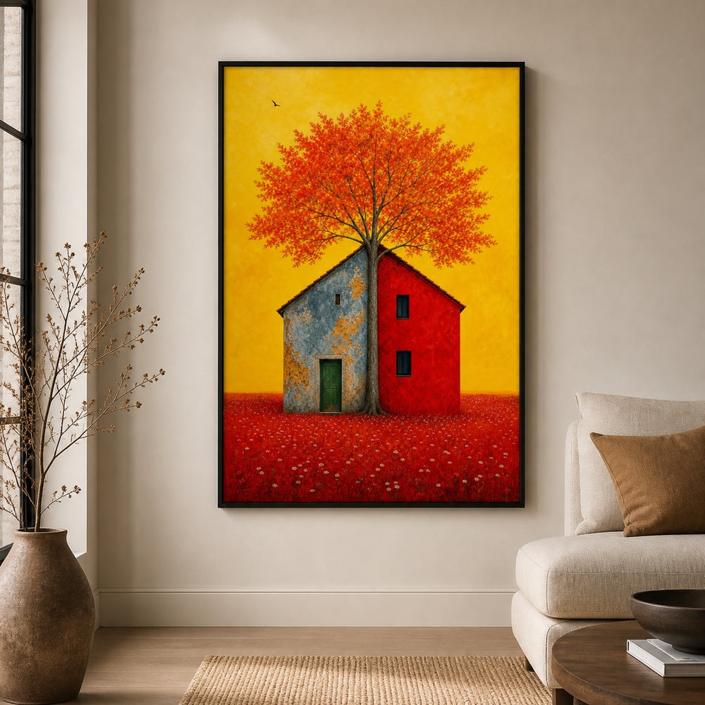 Split House Tree Yellow Sky Wall Art floating frame wall art - 02b_black_wall_scene_full