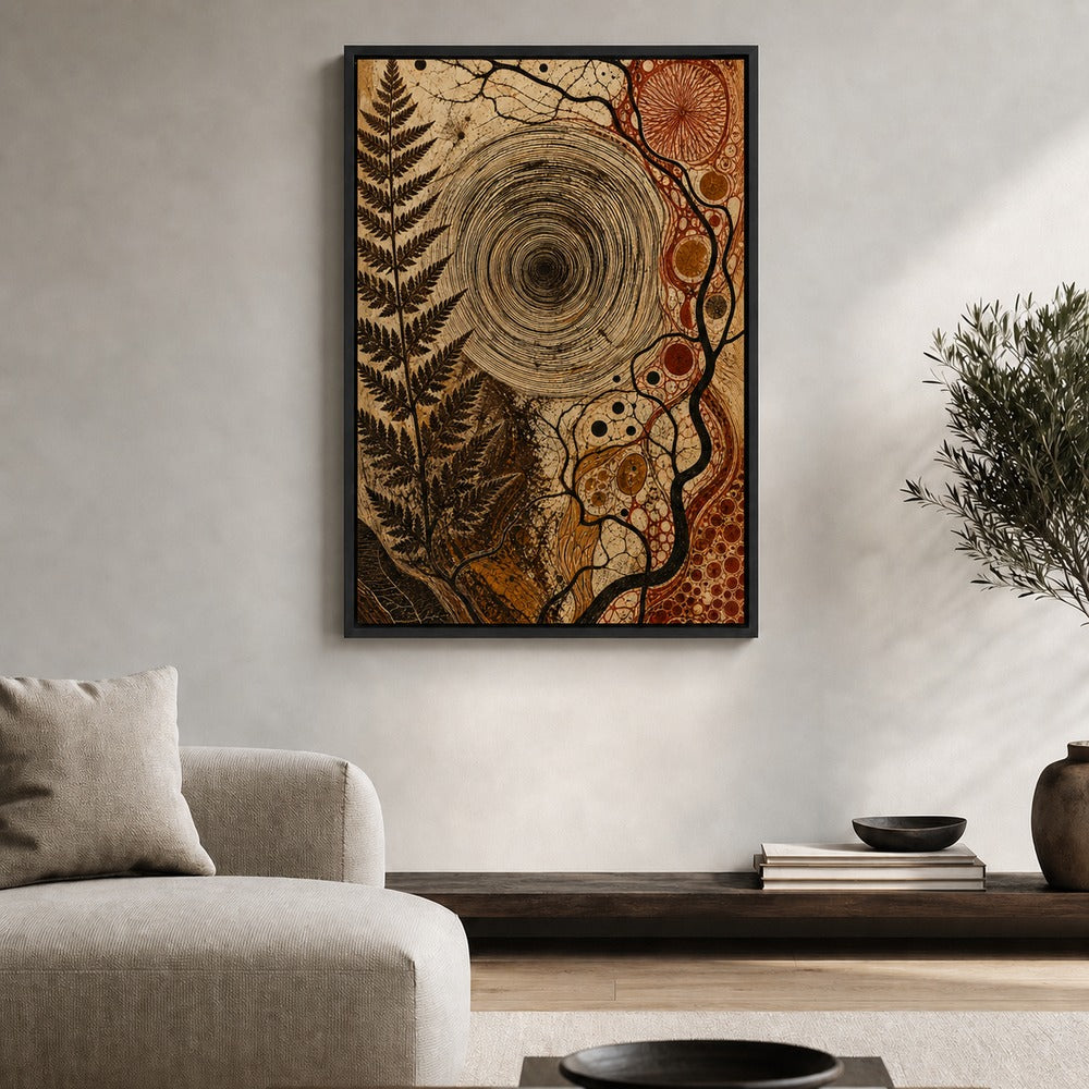 Organic Concentric Vortex Abstract Floater Frame Canvas Wall Art — room scene in a black floater frame