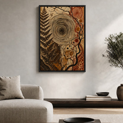 Organic Concentric Vortex Abstract Floater Frame Canvas Wall Art — room scene in a black floater frame