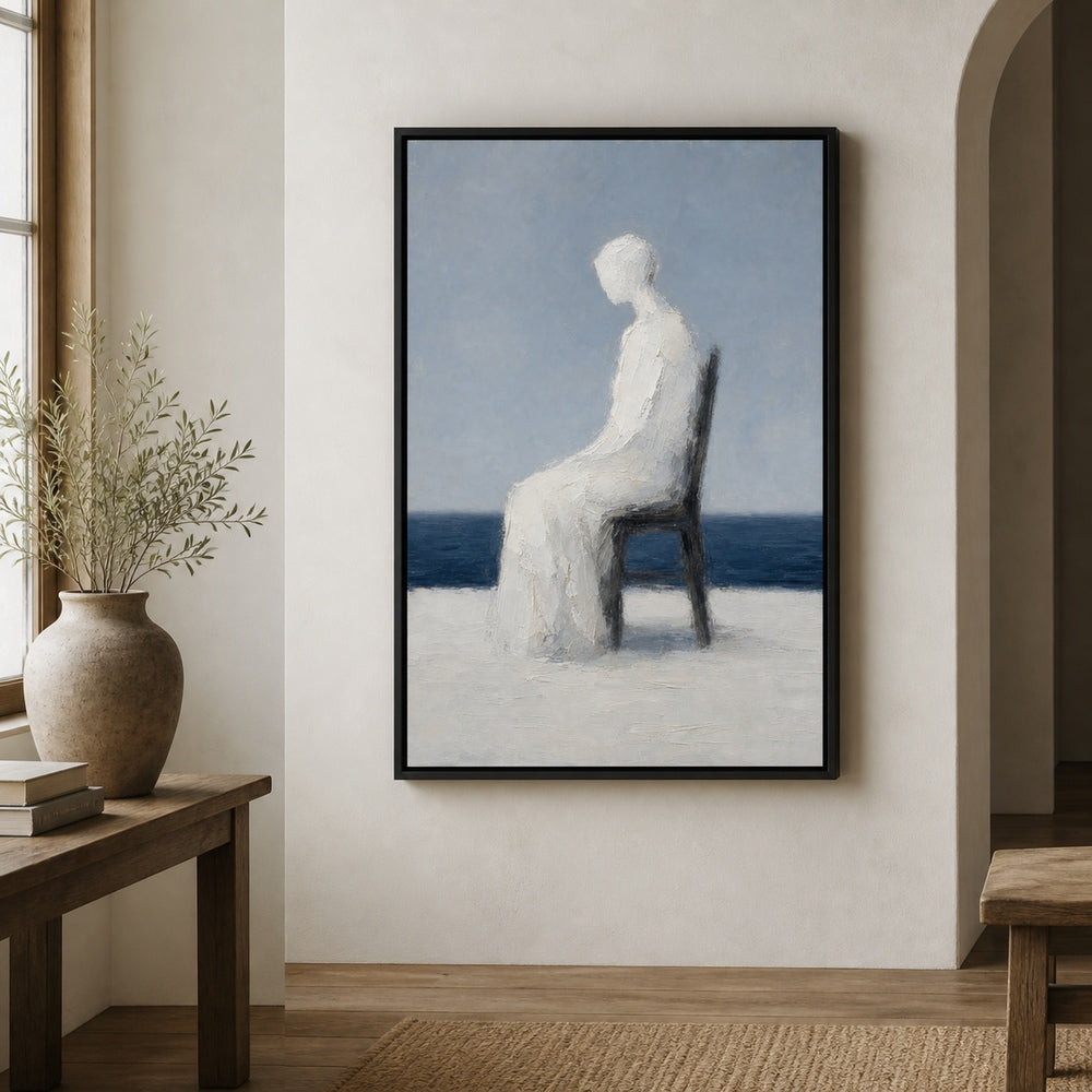 White Impasto Seated Figure Blue Horizon Wall Art floating frame wall art - 02b_black_wall_scene_full