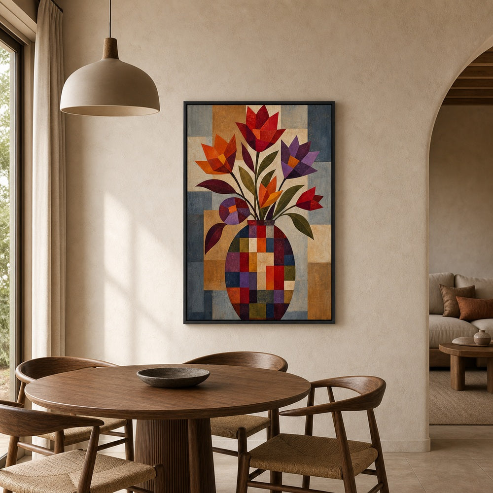 Geometric Mosaic Flower Vase Wall Art - 02b_black_frame_diverse_wall_scene