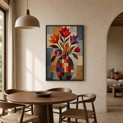 Geometric Mosaic Flower Vase Wall Art - 02b_black_frame_diverse_wall_scene