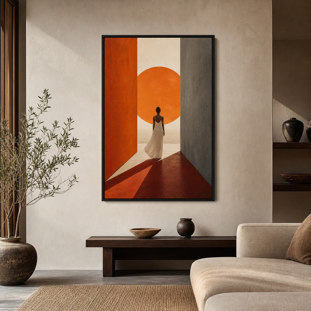 Woman White Dress Orange Sun Corridor Wall Art floating frame wall art - 02b_black_wall_scene_full