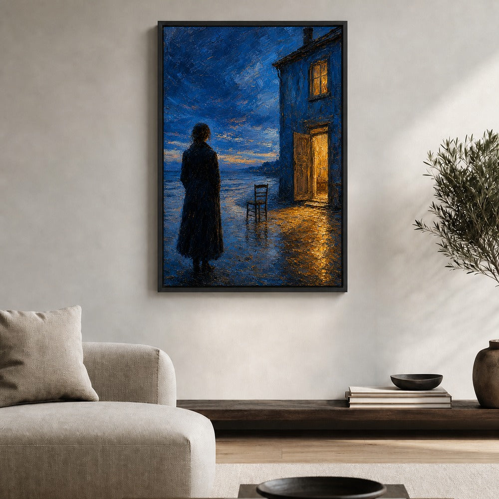 Twilight Blue House by the Sea Floater Frame Canvas Wall Art - coastal wall decor by AUSJOJO
