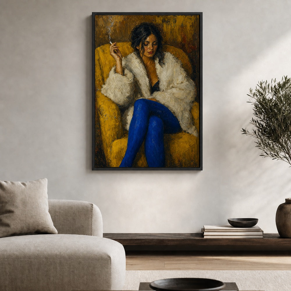 Woman in Yellow Chair Expressionist Floater Frame Canvas Wall Art - canvas wall art by AUSJOJO