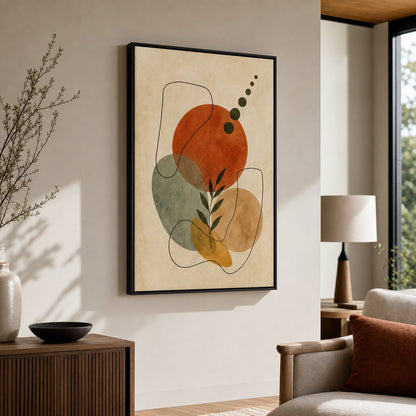Organic Shapes Earthtone Abstract Poster Wall Art floating frame wall art - 02b_black_wall_scene_full