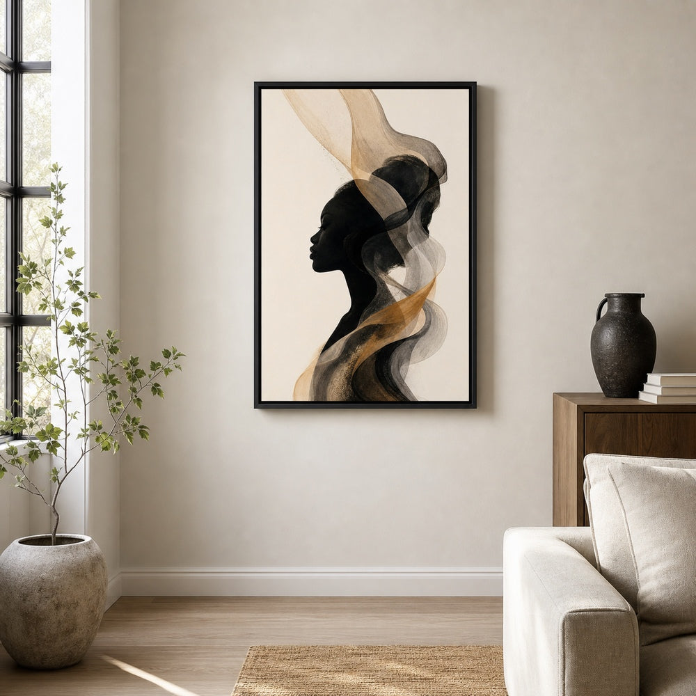 Black Female Profile Ribbon Abstract Wall Art floating frame wall art - 02b_black_wall_scene_full