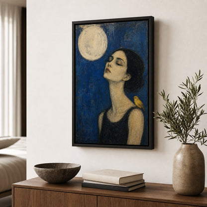 Moon Bird Woman Expressionist Portrait Wall Art floating frame wall art - 02b_black_wall_scene_full