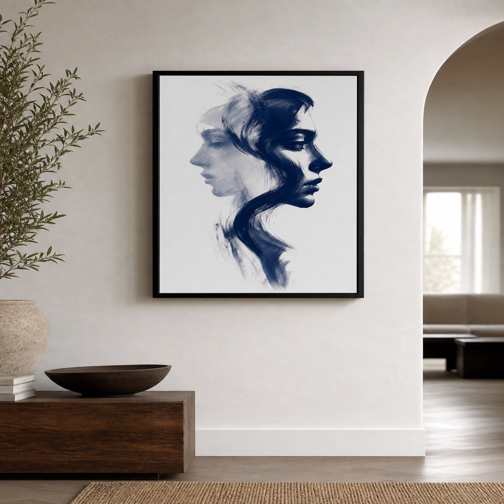 Navy Double Profile Ink Minimal Wall Art floating frame wall art - 02b_black_wall_scene_full