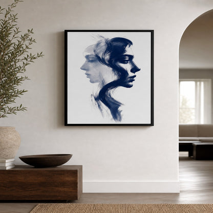 Navy Double Profile Ink Minimal Wall Art floating frame wall art - 02b_black_wall_scene_full