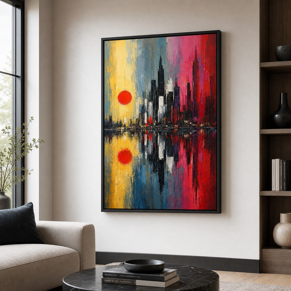 Abstract Expressionist City Reflection Wall Art floating frame wall art - 02b_black_wall_scene_full