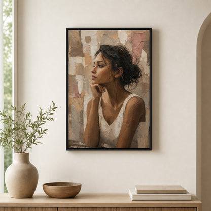 Abstract Thinking Woman Impasto Wall Art floating frame wall art - 02b_black_wall_scene_full