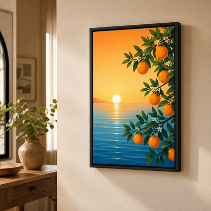 Citrus Branch Sunset Sea Wall Art floating frame wall art - 02b_black_wall_scene_full
