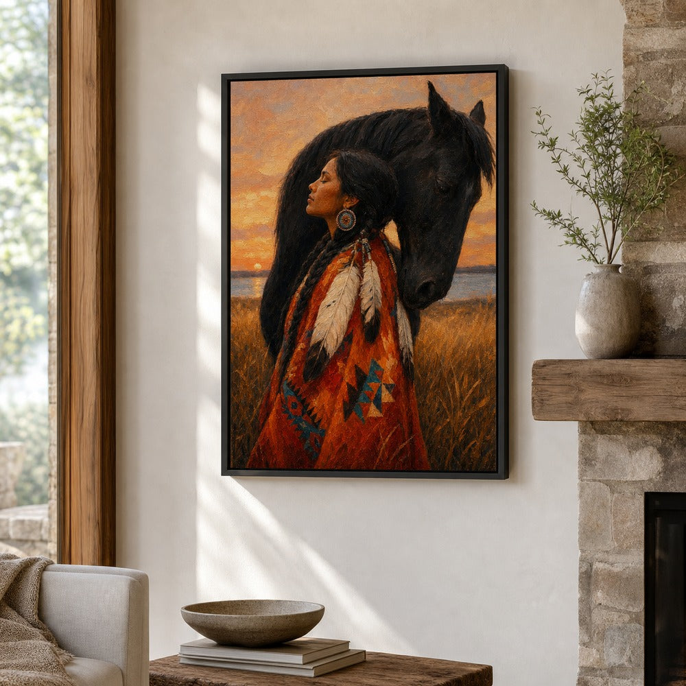 Indigenous Woman and Black Horse Wall Art floating frame wall art - 02b_black_wall_scene_full