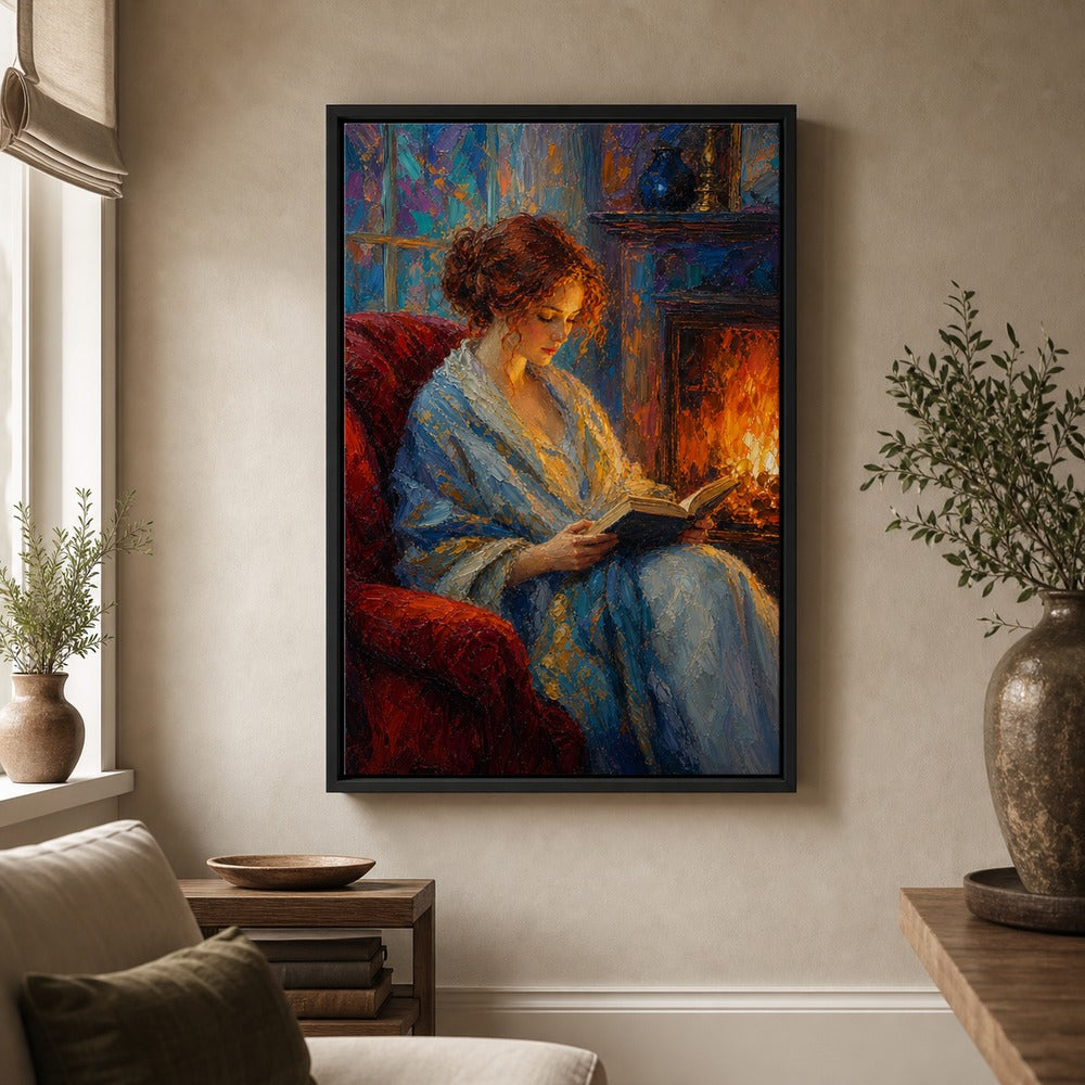 Reading Woman Fireplace Impasto Wall Art floating frame wall art - 02b_black_wall_scene_full