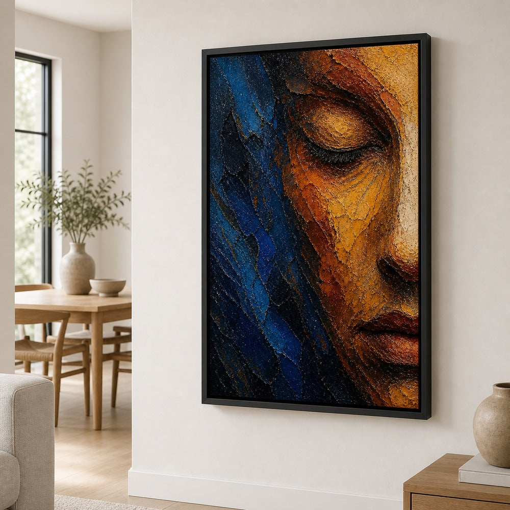 Abstract Impasto Face Blue Ochre Wall Art floating frame wall art - 02b_black_wall_scene_full