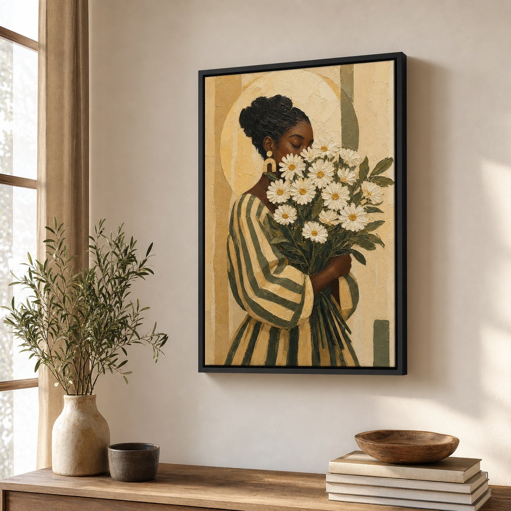 Black Woman Daisies Earthtone Poster Wall Art floating frame wall art - 02b_black_wall_scene_full
