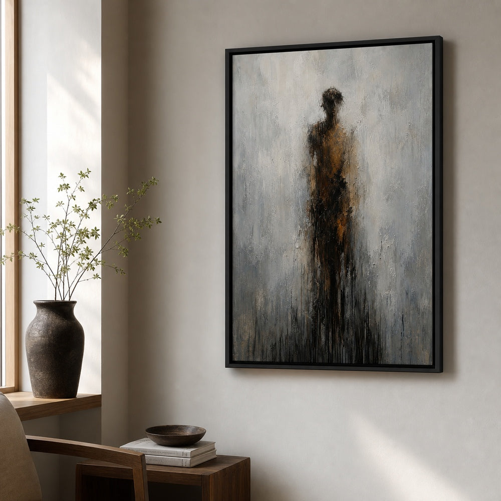 Dissolving Human Ochre Gray Drip Wall Art floating frame wall art - 02b_black_wall_scene_full