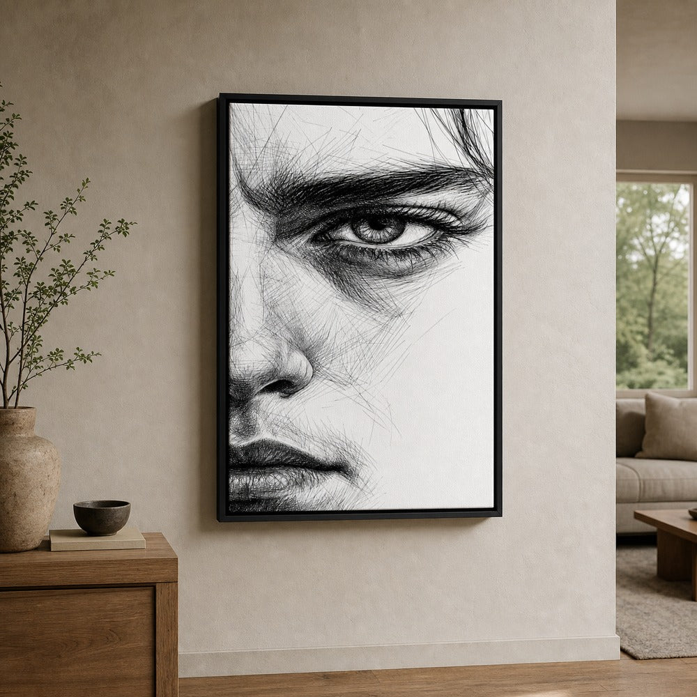 Extreme Eye Pen Sketch Wall Art floating frame wall art - 02b_black_wall_scene_full