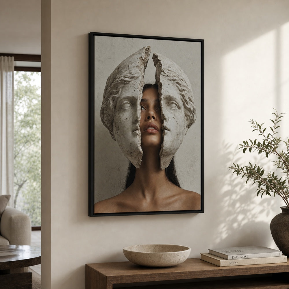 Cracked Marble Mask Fashion Portrait Wall Art floating frame wall art - 02b_black_wall_scene_full