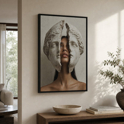 Cracked Marble Mask Fashion Portrait Wall Art floating frame wall art - 02b_black_wall_scene_full