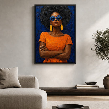 Confident Woman with Blue Sunglasses Floater Frame Canvas Wall Art — room scene in a black floater frame