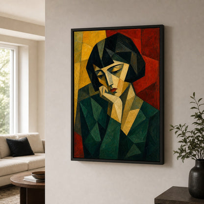 Cubist Woman Bob Green Red Yellow Wall Art floating frame wall art - 02b_black_wall_scene_full