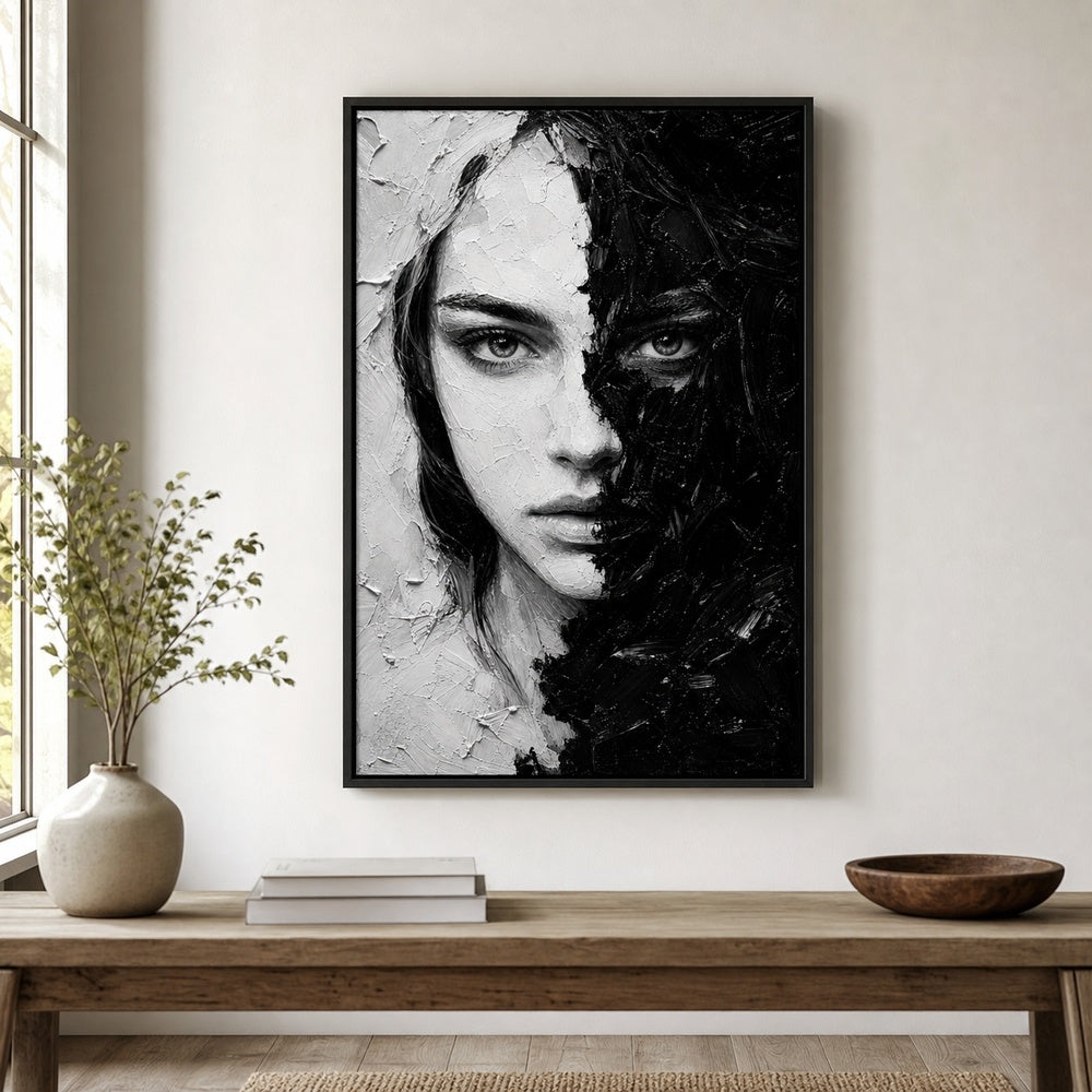 Black White Impasto Split Face Wall Art floating frame wall art - 02b_black_wall_scene_full