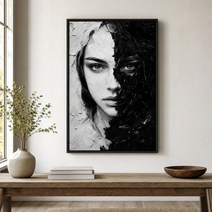 Black White Impasto Split Face Wall Art floating frame wall art - 02b_black_wall_scene_full