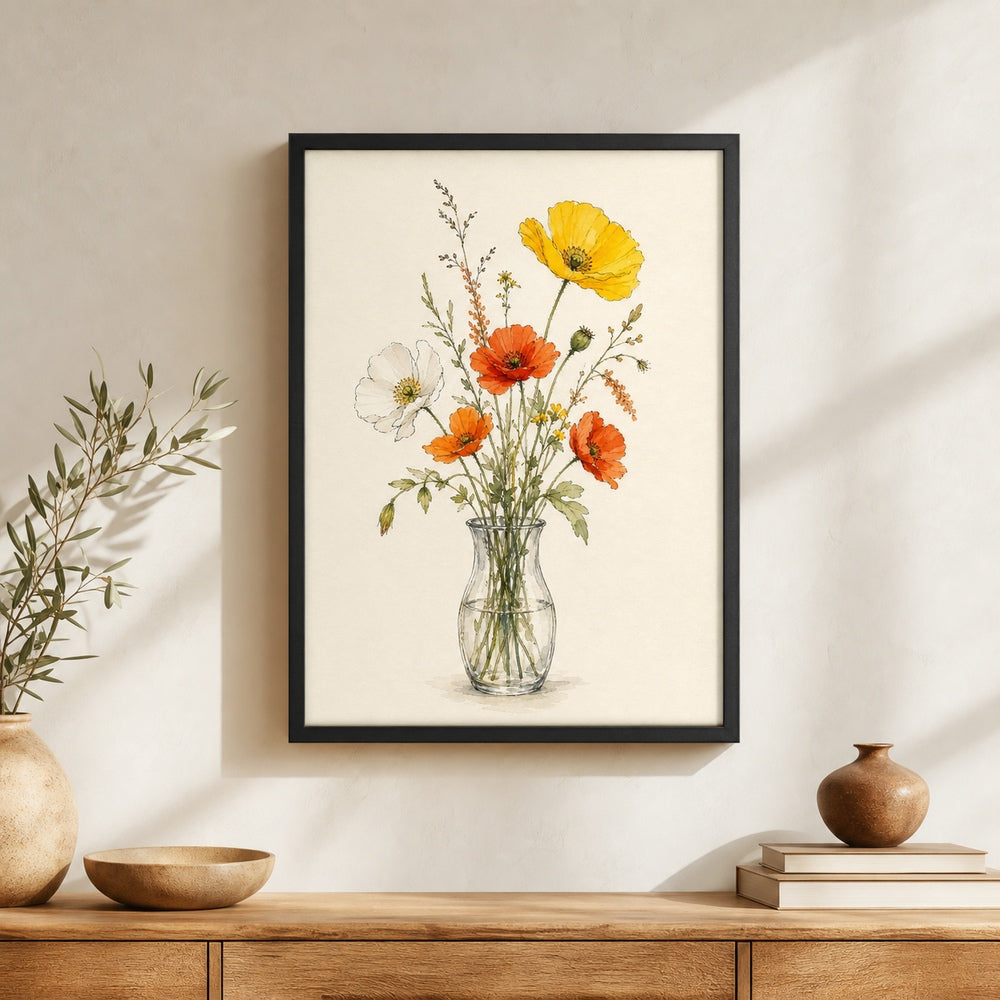 Wildflowers Glass Vase Minimal Watercolor Wall Art floating frame wall art - 02b_black_wall_scene_full