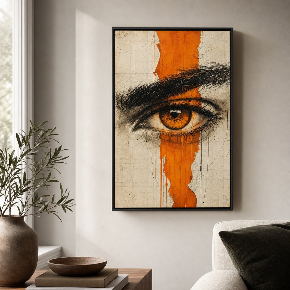 Amber Eye Orange Mixed Media Wall Art floating frame wall art - 02b_black_wall_scene_full