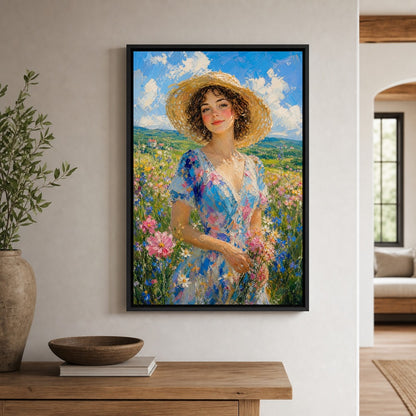 Impressionist Young Woman Wildflowers Hat Wall Art floating frame wall art - 02b_black_wall_scene_full