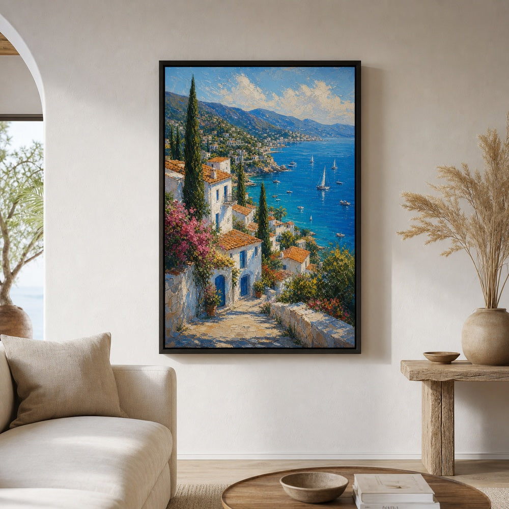 Mediterranean Coastal Village Impasto Wall Art floating frame wall art - 02b_black_wall_scene_full