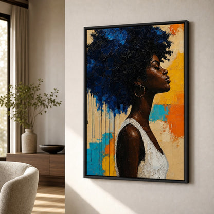 Blue Afro Profile Impasto Portrait Wall Art floating frame wall art - 02b_black_wall_scene_full