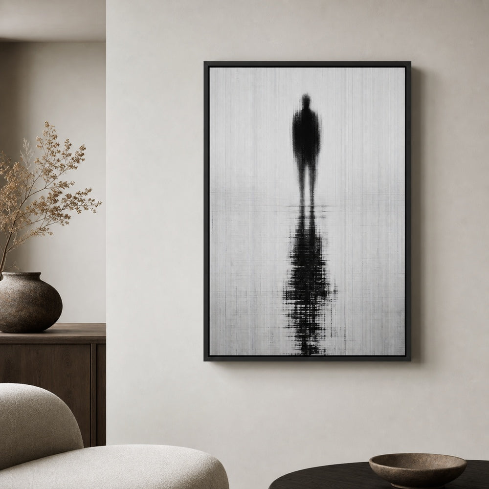 Glitch Ghost Black White Reflection Wall Art floating frame wall art - 02b_black_wall_scene_full