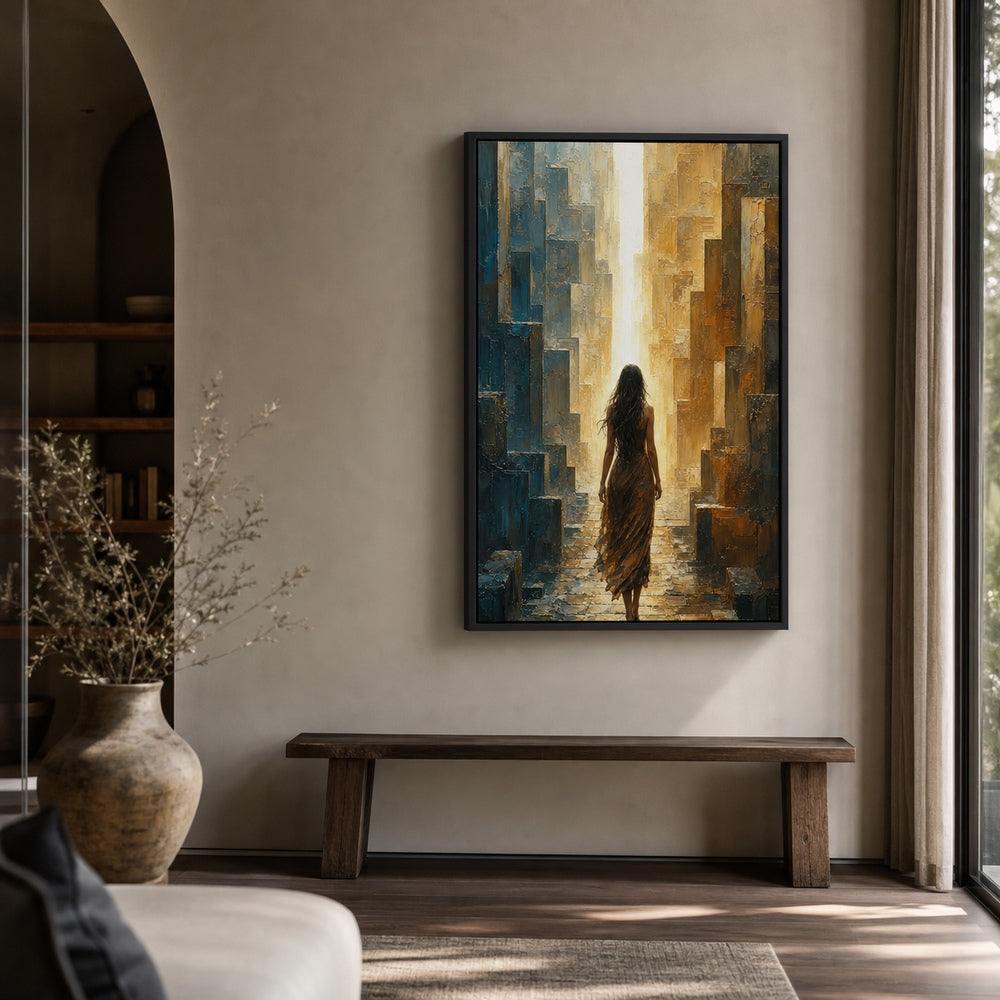 Woman Walking To Vertical Light Maze Wall Art floating frame wall art - 02b_black_wall_scene_full