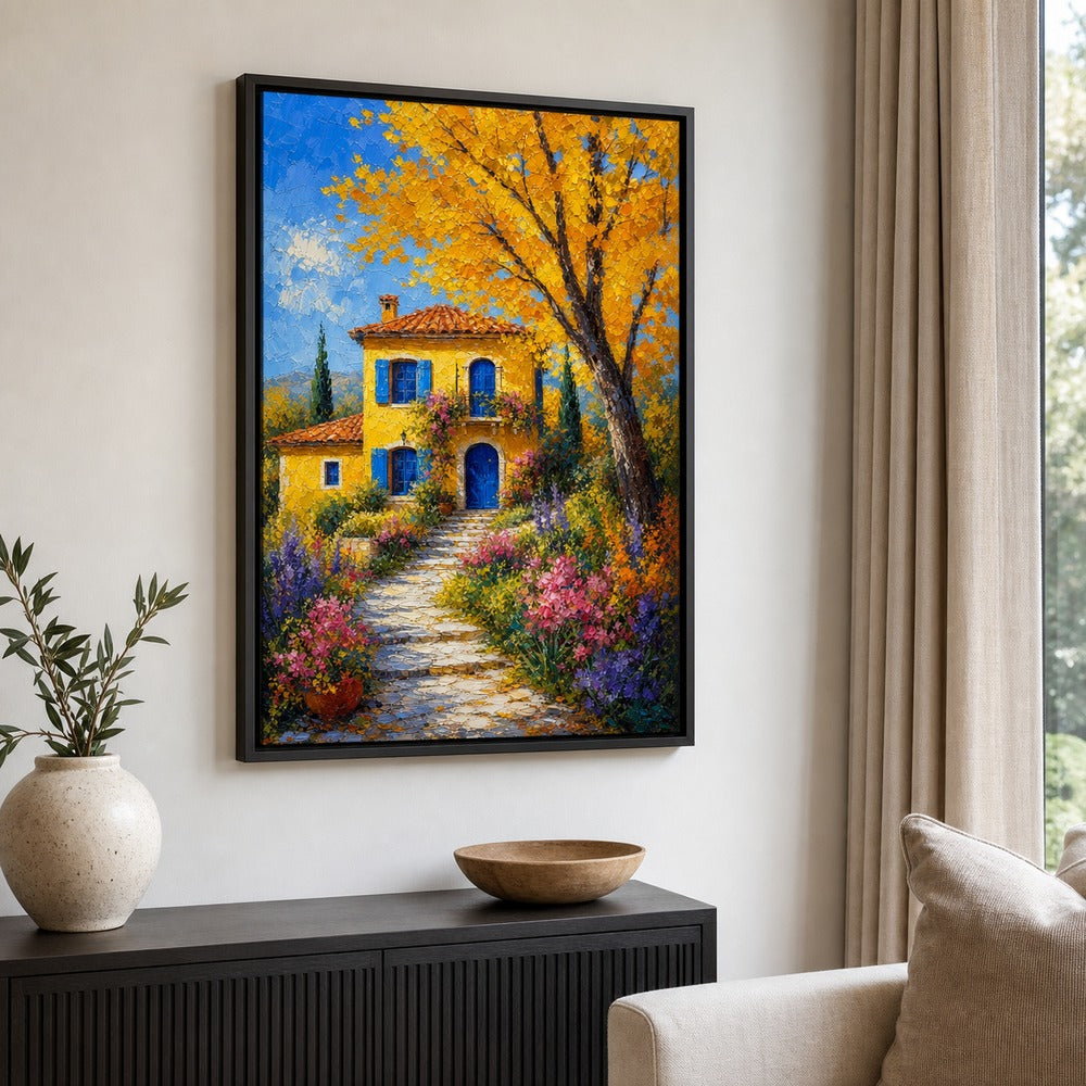 Yellow Country Villa Autumn Tree Wall Art floating frame wall art - 02b_black_wall_scene_full