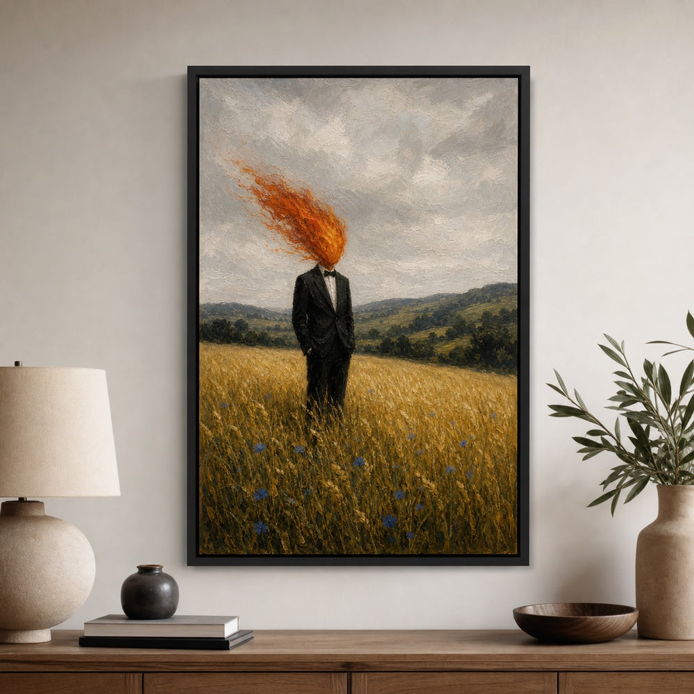 Flame Head Suit Wheat Field Wall Art floating frame wall art - 02b_black_wall_scene_full