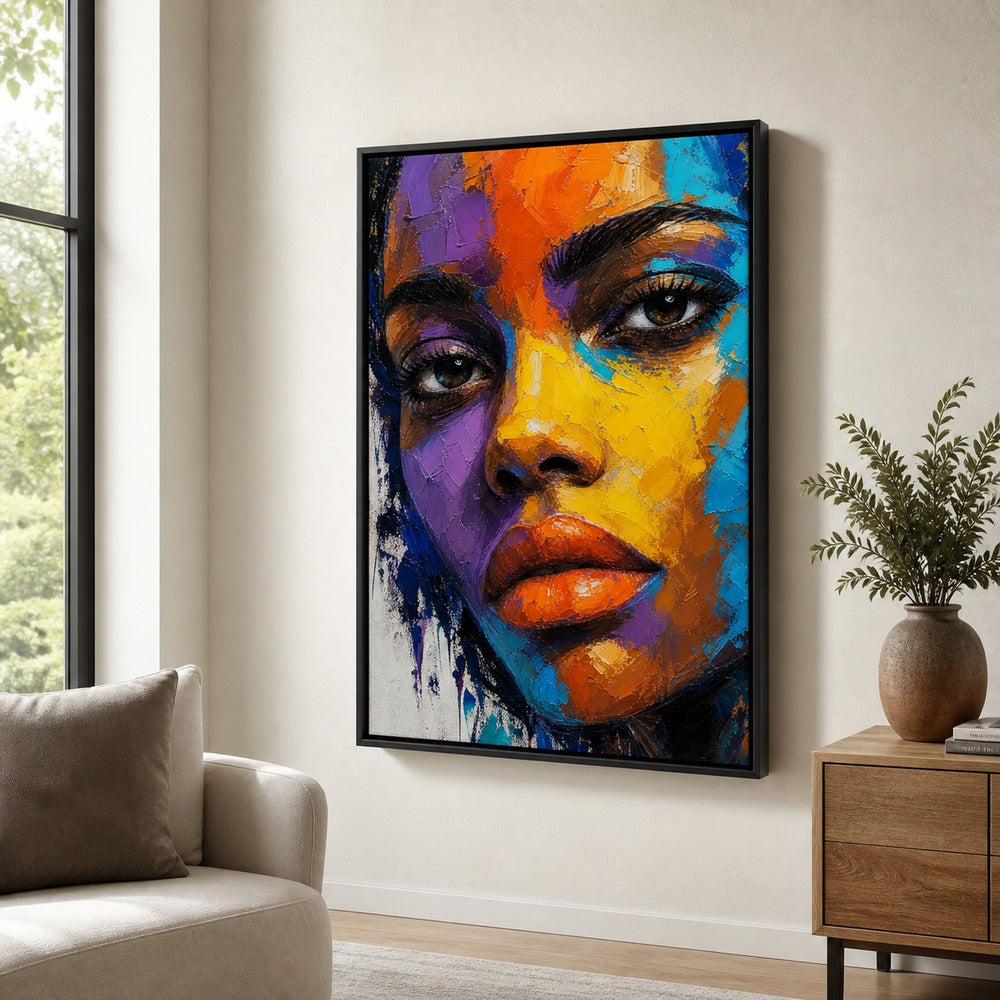 Impasto Female Face Pop Color Wall Art floating frame wall art - 02b_black_wall_scene_full